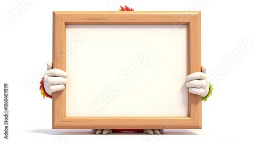 A parrot on a white background holds an empty frame.