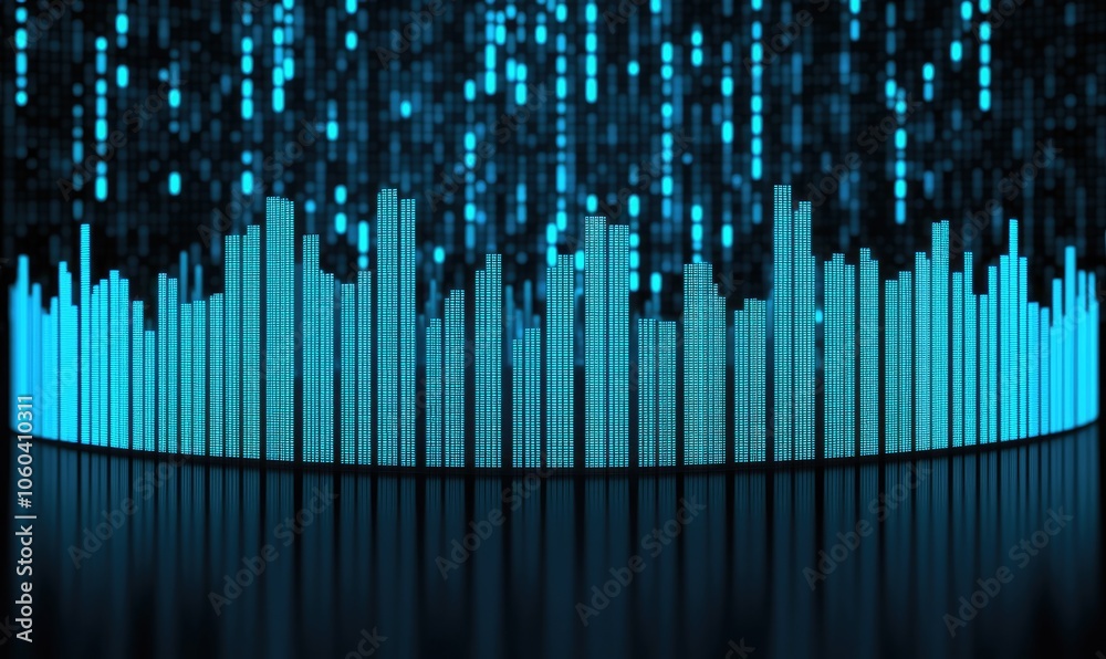 Abstract sound wave visualization with blue bars and digital effects on a dark background. Abstract sound wave visualization with blue bars and digital effects on a dark background.