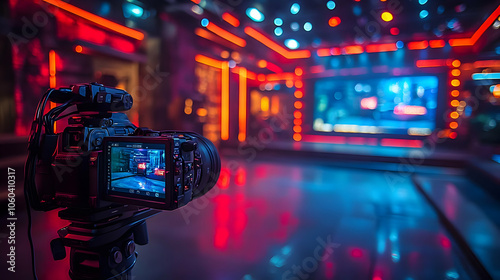 Camera in a Studio Setting with Red and Blue Lights - Photo