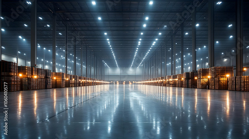 Large Warehouse Interior with Pallets and Lights - Photo