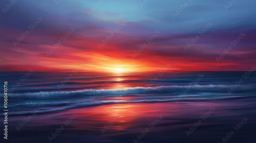 Obraz premium The horizon is ablaze with color as the sun sets over the tranquil ocean. Shades of red, orange