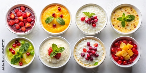 Aerial View of Delicious Rice Puddings on Isolated White Background - Editorial Urban Exploration Photography