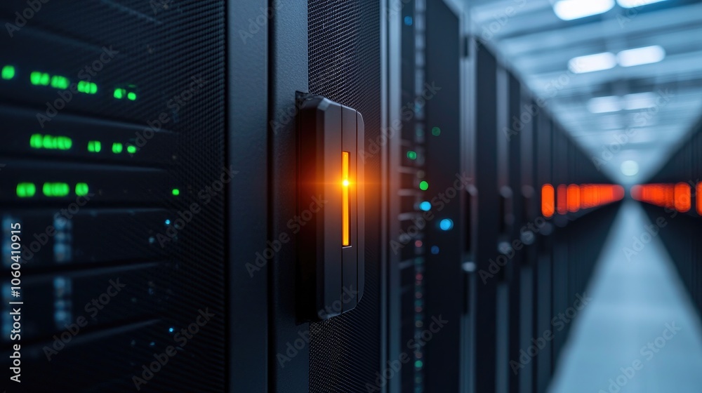 Close-up of a server rack with illuminated panels in a data center environment.