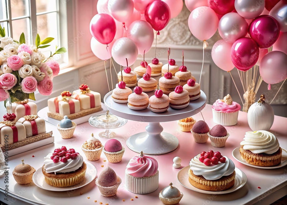 Aerial View of Exquisite Petit Four Pastries Surrounded by Pink and Silver Balloons in a Chic French Patisserie Setting Aerial View of Exquisite Petit Four Pastries Surrounded by Pink and Silver Balloons in a Chic French Patisserie Setting