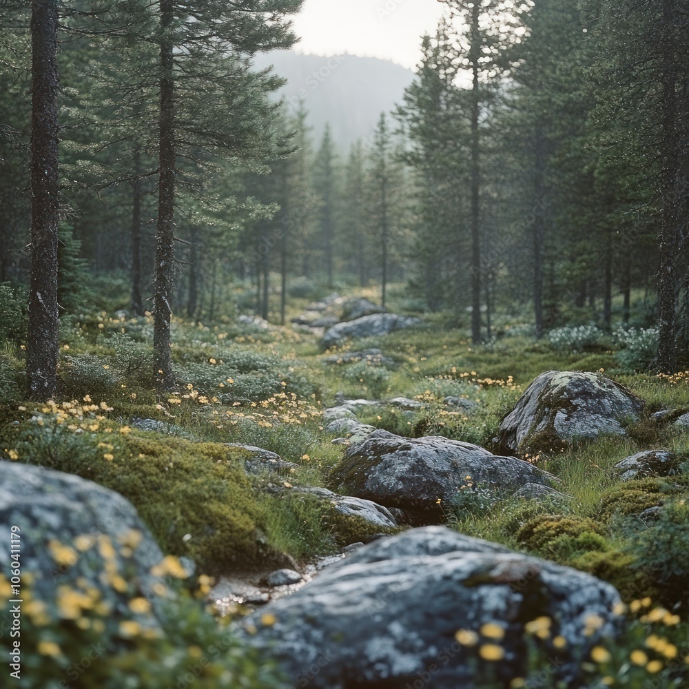 Misty Forest Path with Stones Misty Forest Path with Stones