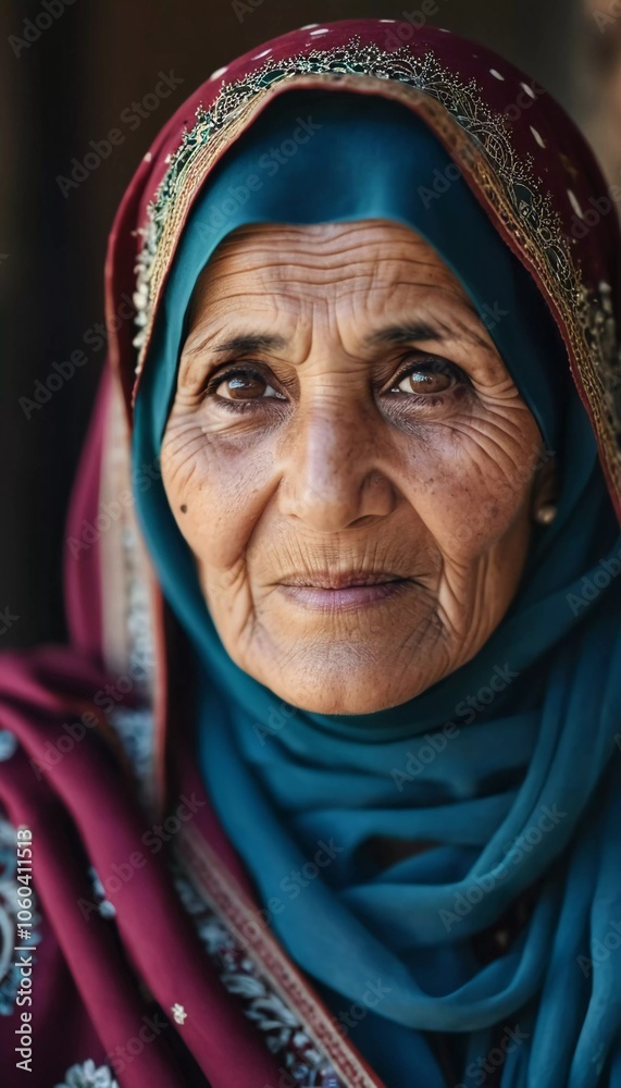 The elderly Afghanistan woman 75 years old gazes thoughtfully into the distance, her face marked by life experiences. She wears a traditional headscarf, set against a rustic background. Generative AI The elderly Afghanistan woman 75 years old gazes thoughtfully into the distance, her face marked by life experiences. She wears a traditional headscarf, set against a rustic background. Generative AI