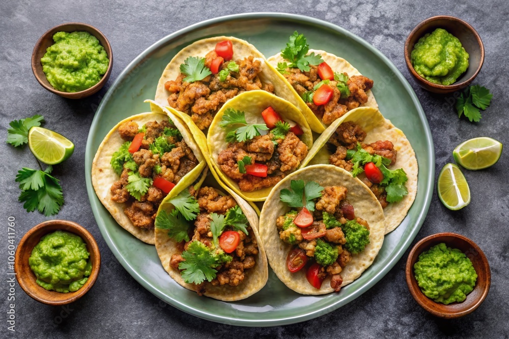 Aerial View of Gray Plate with Tacos Filled with Fried Minced Meat, Guacamole, and Lime Slices on a Gray Background - Delicious Mexican Food Photography Aerial View of Gray Plate with Tacos Filled with Fried Minced Meat, Guacamole, and Lime Slices on a Gray Background - Delicious Mexican Food Photography