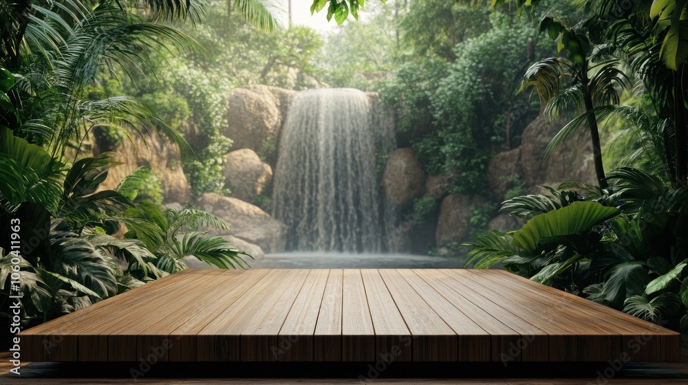 A wooden platform sits in front of a lush tropical waterfall, perfect for showcasing products or ideas. A wooden platform sits in front of a lush tropical waterfall, perfect for showcasing products or ideas.