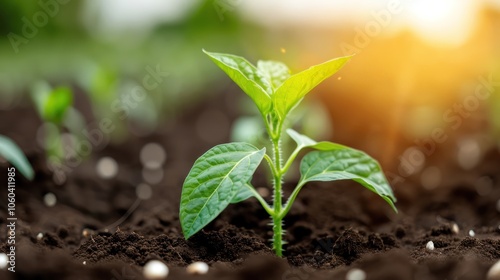 A green seedling emerges from dark soil, illuminated by gentle sunlight, symbolizing new growth and vitality in nature.