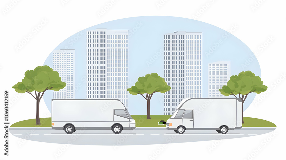 Two white delivery vans driving on a city street with green trees and buildings in the background.