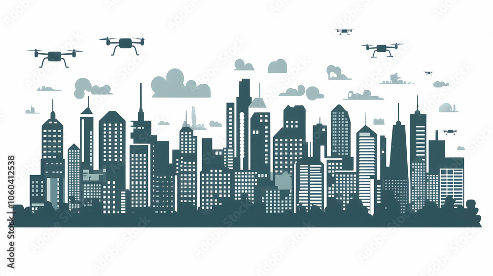 Fototapeta premium A city skyline with four drones flying over it, representing the future of technology and urban living.