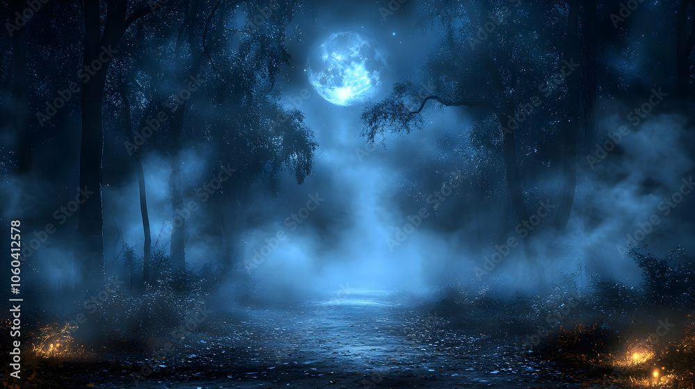 Fototapeta premium Mysterious Foggy Forest Path at Night Illustration