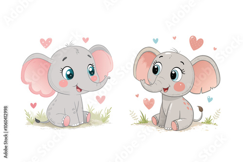 Adorable Baby Elephant with Hearts Cute Cartoon Illustration 