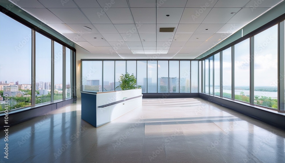 Fototapeta premium Clean office corridor with panoramic windows, city view, reception desk and daylight. 3D Rendering.