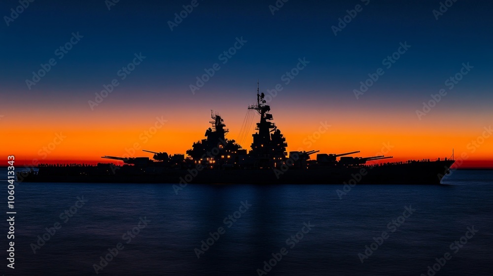 Naklejka premium Majestic Battleship Silhouette Against Dusk Sky Transitioning from Orange to Deep Blue