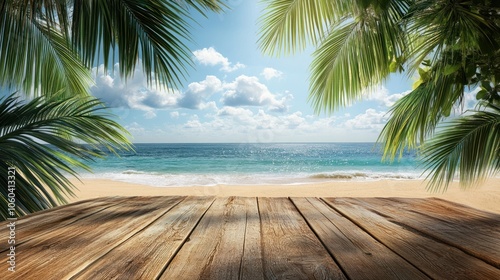 Wooden deck with a tropical beach in the background.