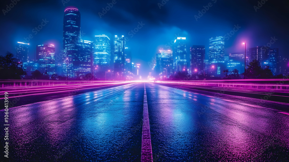 Fototapeta premium Neon Cityscape Night Road Illustration