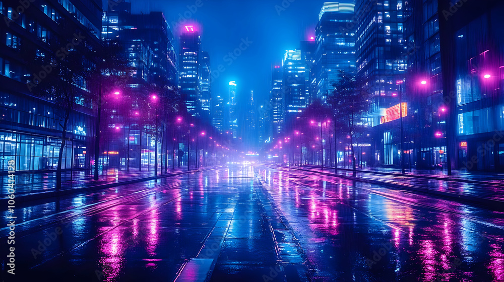 Fototapeta premium Neon Cityscape Rain Night Illustration