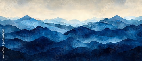 A serene landscape featuring layered blue mountains under a soft sky.