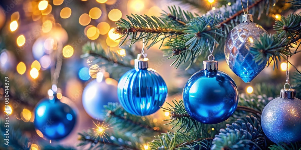 Aerial View of Sparkling Blue and Silver Glass Ornaments on a Christmas Tree with Bokeh Background for Festive Holiday Decor and Celebration Imagery Aerial View of Sparkling Blue and Silver Glass Ornaments on a Christmas Tree with Bokeh Background for Festive Holiday Decor and Celebration Imagery