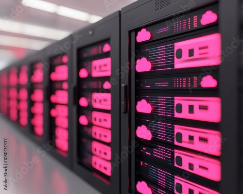 A close-up view of a modern server rack illuminated with vivid pink lights, showcasing advanced technology in a data center.