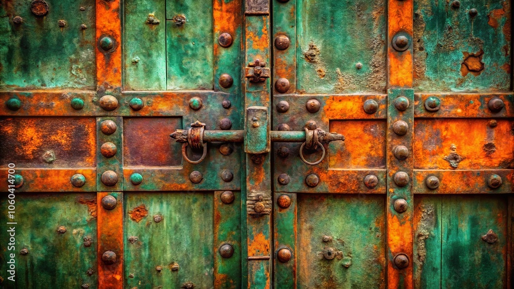 A weathered iron door with intricate ironwork, rusty accents, and a prominent, aged metal latch.