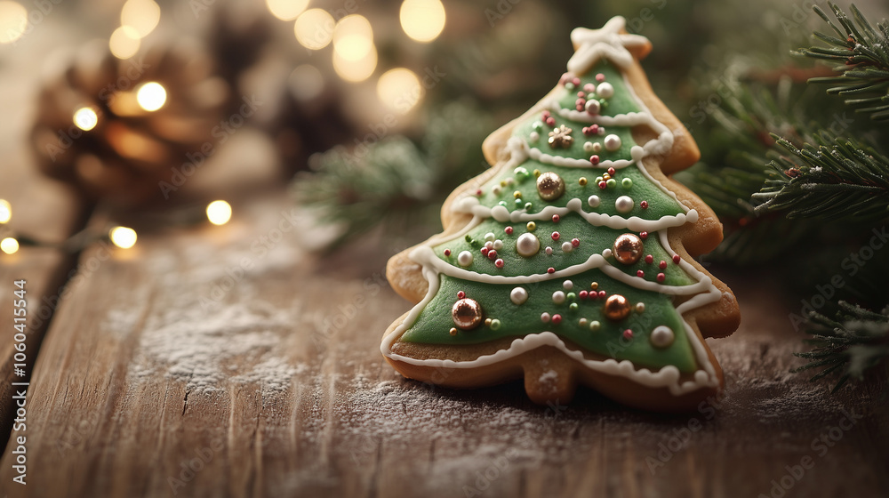 Festive Christmas tree cookie with green icing, sprinkles, and frosting on a rustic wooden background. Ideal holiday treat for Christmas baking and cookbook inspo, capturing seasonal warmth and charm. Festive Christmas tree cookie with green icing, sprinkles, and frosting on a rustic wooden background. Ideal holiday treat for Christmas baking and cookbook inspo, capturing seasonal warmth and charm.