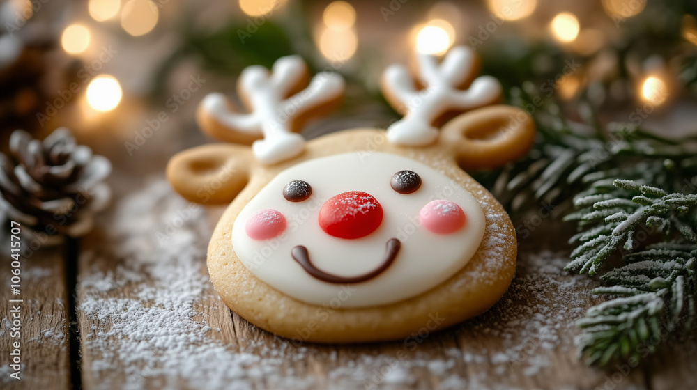 Festive Christmas reindeer cookie decorated with icing, set on rustic wood with pinecones and greenery. Perfect for holiday cookbook inspo, cozy baking scenes and seasonal celebrations. Festive Christmas reindeer cookie decorated with icing, set on rustic wood with pinecones and greenery. Perfect for holiday cookbook inspo, cozy baking scenes and seasonal celebrations.