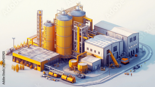 Fertilizer plant with granulation towers and silos, illustration art photo