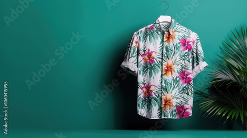 A vibrant floral shirt hangs against a teal wall, complemented by a leafy plant, embodying a tropical and casual style. photo