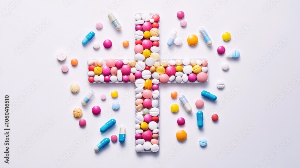 various colored pills arranged in the shape of a cross on a clean white background symbolizing the intersection various colored pills arranged in the shape of a cross on a clean white background symbolizing the intersection