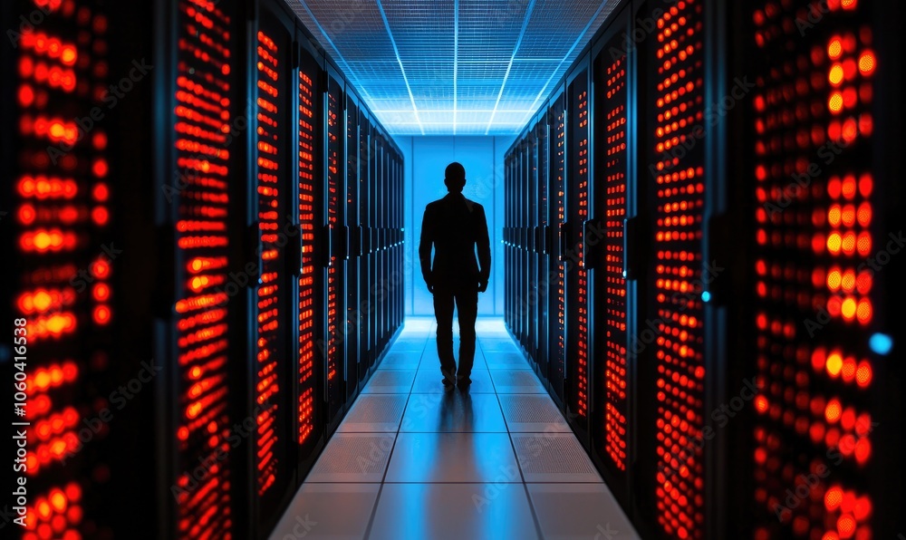 Silhouette of a person walking through a data center, illuminated by blue and red lights, creating a futuristic ambiance. Silhouette of a person walking through a data center, illuminated by blue and red lights, creating a futuristic ambiance.