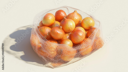 Onions with papery skins in a mesh bag, illustration art photo