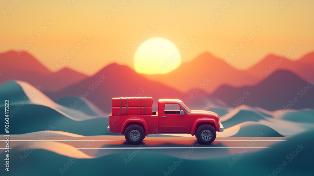 Pickup truck hauling cargo on desert highway at sunset, illustration Pickup truck hauling cargo on desert highway at sunset, illustration
