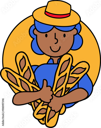 A cheerful character in a hat holds a freshly baked baguettes in each hand vector cartoon illustration. Joy and satisfaction, the delight of freshly baked bread on a sunny day outdoors. The illustrati
