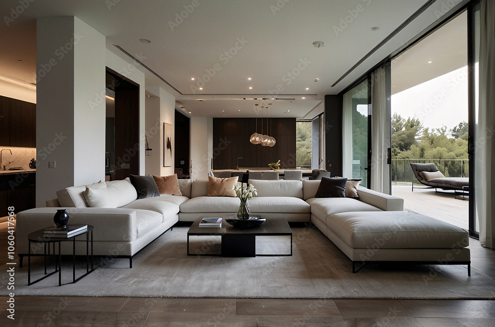 Minimalist home interior design of spacious modern living room with a sectional sofa and large windows