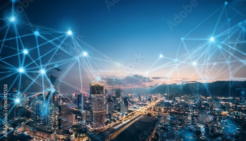 Wallpaper Mural Creative digital night city background. Connect and abstract smart network concept. Double exposure. Torontodigital.ca