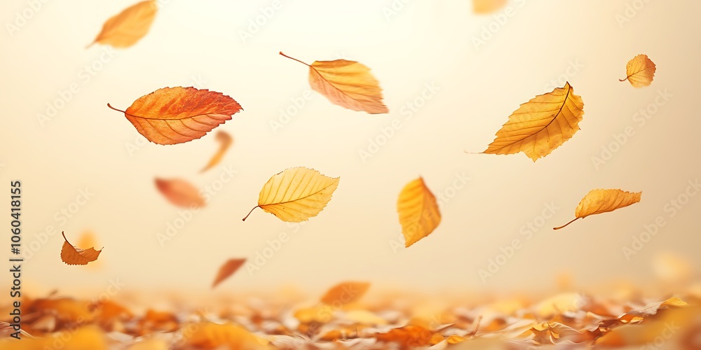 Fototapeta premium Falling Autumn Leaves Minimalist White Background with Space for Text