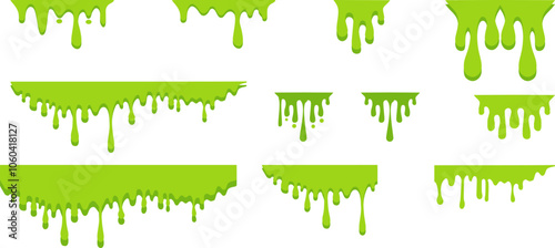 Cartoon green slime. Dripping mucus sticky liquid, slimy blobs, bright toxic stain, slimes border, messy splashes and splatter. Comic Halloween drops elements for banner. Vector set