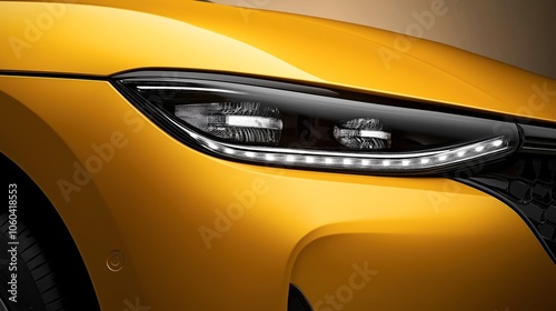 Close-up of a modern car headlight on a yellow vehicle with sleek design elements and LED technology photo