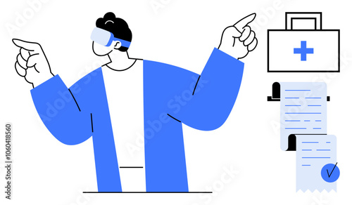 Person in medical attire pointing, with a first aid kit and medical documents in the background. Ideal for healthcare, medicine, first aid, prescriptions, medical facilities