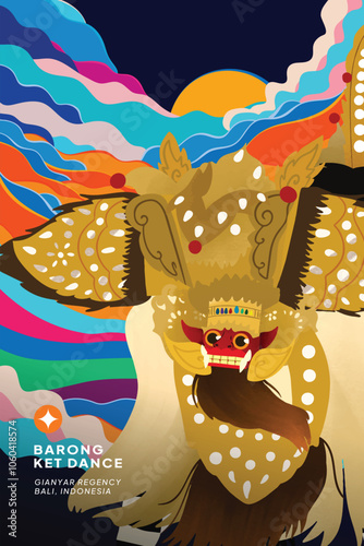 Indonesian Barong Balinese Dance Performance cell shaded style illustration