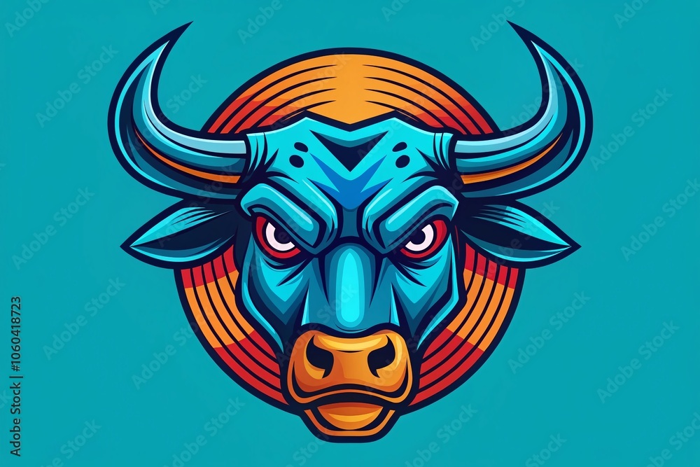 Fototapeta premium Angry Bull with Bitcoin Symbol in Minimalist Style - Vibrant Vector Illustration Representing Financial Market and Cryptocurrency Trends