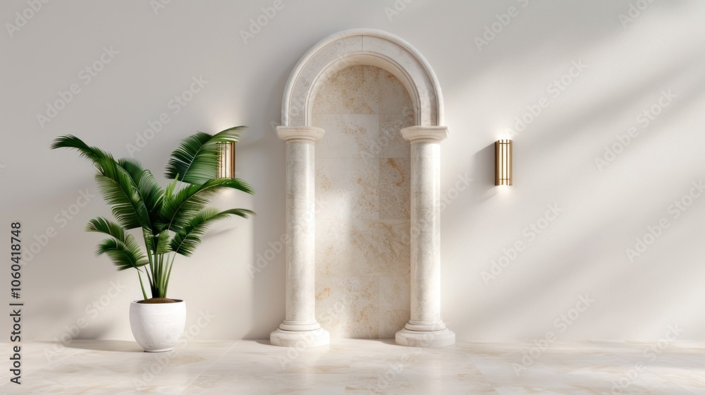 A serene interior design featuring a marble archway, modern lighting, and a leafy plant in a decorative pot, creating a calm atmosphere. A serene interior design featuring a marble archway, modern lighting, and a leafy plant in a decorative pot, creating a calm atmosphere.