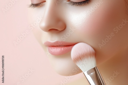 Close-up of young Caucasian woman applying blush with makeup brush beauty cosmetic product skincare photo