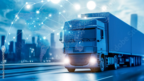 Logistics concept image featuring a blue lorry driving on a highway, overlaid with an abstract silhouette of a map that includes glowing points representing destinations.