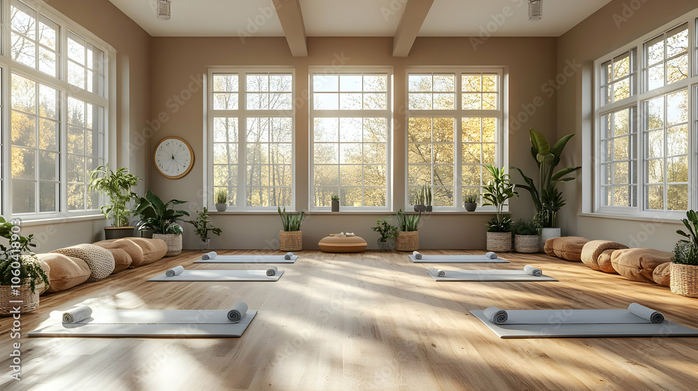 Yoga Studio with Sunlight and Plants 3D Illustration Yoga Studio with Sunlight and Plants 3D Illustration