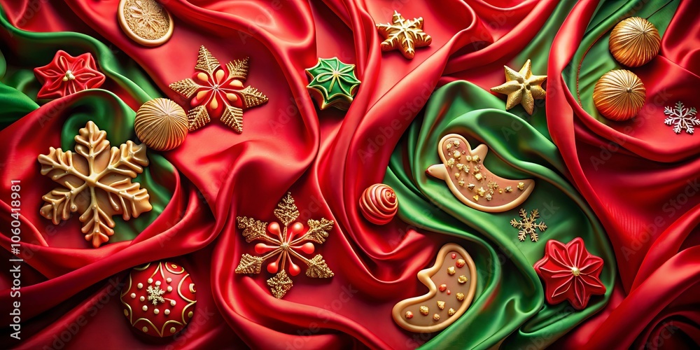 Fototapeta premium A festive tableau of golden snowflakes, stars, and ornate ornaments nestled upon a dramatic backdrop of swirling red and green silk.