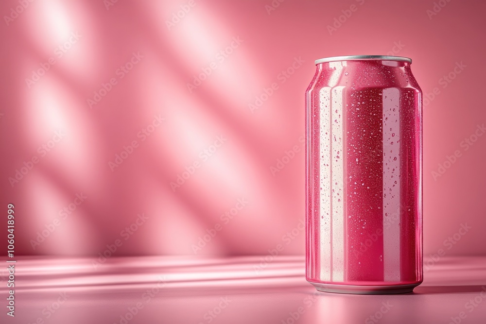 A shiny pink soda can with condensation against a pink background. A shiny pink soda can with condensation against a pink background.