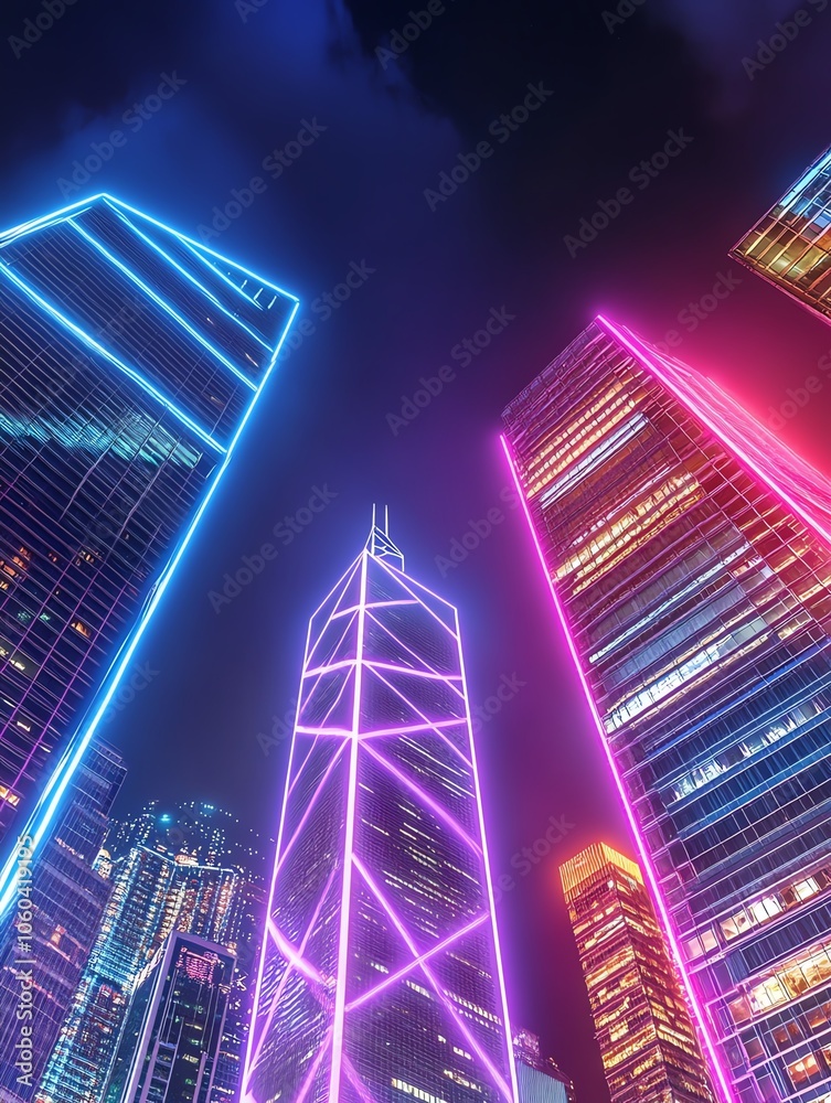 Obraz premium Low-angle view of a vibrant city skyline, illuminated by innovative neon lighting, showcasing a blend of modern architecture and dreamlike colors, photorealistic